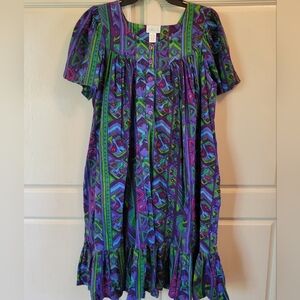 Vintage Aria Purple Pink Green Blue Abstract Print Midi Dress